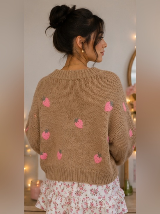 Forever 21 Sweaters - Forever 21 Chunky Tan Cardigan Sweater with Cute Pink Strawberry Embroidery 🍓